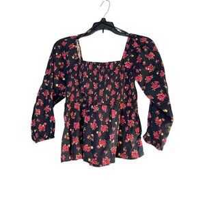 Old Navy Girls Peasant Top Black Multi Floral Back Cutout Bow Cinched Chest Squa